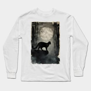 Mysterious Black Cat in the Foggy Forest Vintage Long Sleeve T-Shirt